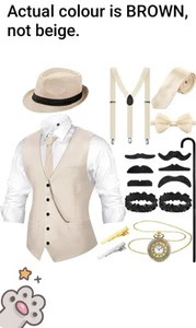 Men 1920s Gangster Costume Cosplay Vest Hat Pocket Watch Suspenders Tie, S BROWN - Picture 1 of 4