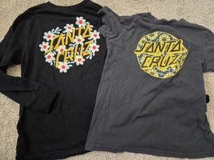 2 Santa Cruz Shirts Black Short/Long Sleeve Skate Skateboard Sunflower Youth S/M - Picture 1 of 3