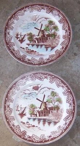 Windmill Transferware Japan Ironstone Luncheon Plates Brown Green Lot Two - Picture 1 of 2