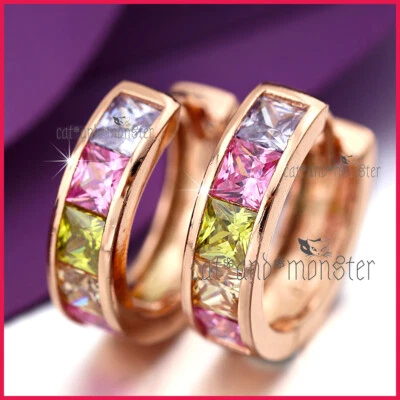 9K ROSE GOLD FILLED WOMEN GIRLS RAINBOW RING BAND ETERNITY SLEEPER HOOP EARRINGS Foto 1 de 4