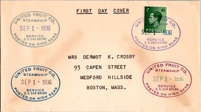1936 Service Steamer Ship San Bruno United Fruit UFC Cover To USA Boston MA FDC - Image 1 of 2