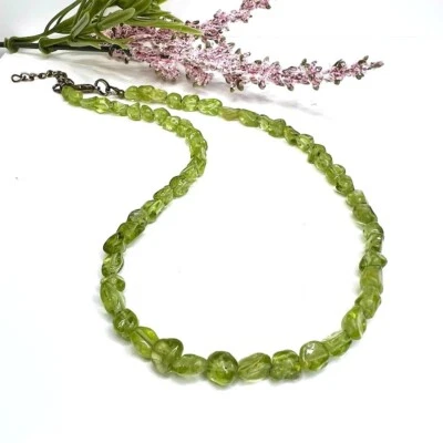 Natural Peridot Smooth Tumble Nuggets Gemstone Beaded Unisex Necklaces 18'' - Image 1 of 4