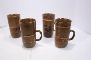Set Of 4 Vintage Stoneware Glazed Pottery Coffee Mugs 10oz Brown W/patterns - Picture 1 of 14
