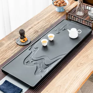 Handmade Carved Black Stone Tea Tray Water Draining Tea Table Weighted Tea Boat - Picture 1 of 11