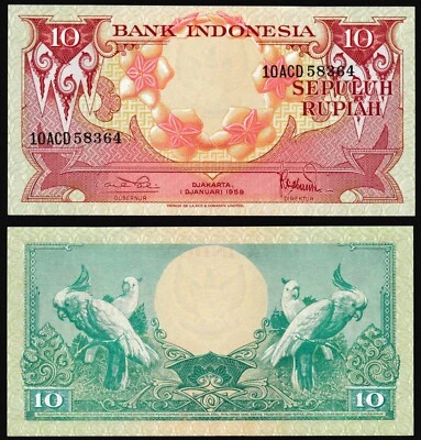 Indonesia 10 rupiah 1959 Orchid Flowers & Cockatoo Birds P66 Prefix 10ACD UNC CM - Image 1 of 4