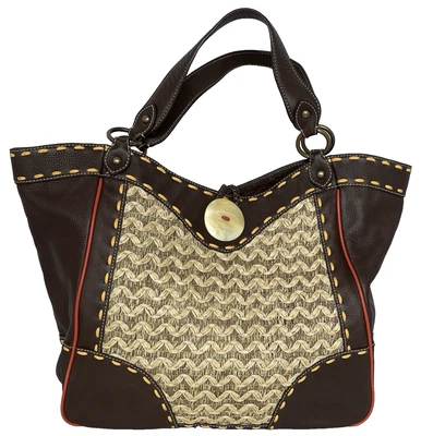 Bolso de Mano Kate Landry Cartera Cuero de Vaca Tejido de Paja Latón Hardware Bolsillos Floral Foto 1 de 4
