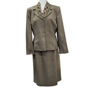 Le Suit 2pc Skirt Suit Sz 12 Blazer Skirt Scarf Green Herringbone Professional - Picture 1 of 9