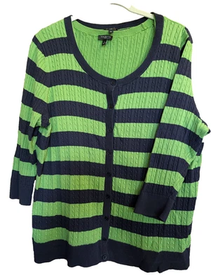 Talbots 2 piece Navy Blue & Green Stripe Cable Knit Cardigan Sweater 1X Mature - Image 1 of 4