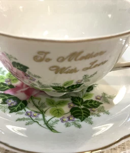 Vintage Norcrest MCM Teacup and Saucer Set Pink Roses To Mother with Love - Picture 1 of 5