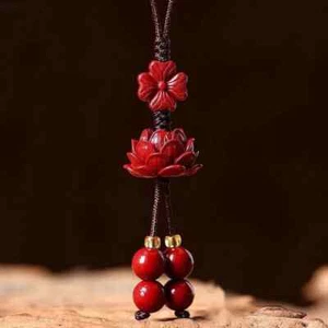 Cinnabar Lotus Key Chain  Carved Chinese Charm Amulet Bag Buckle Pendant - Picture 1 of 2