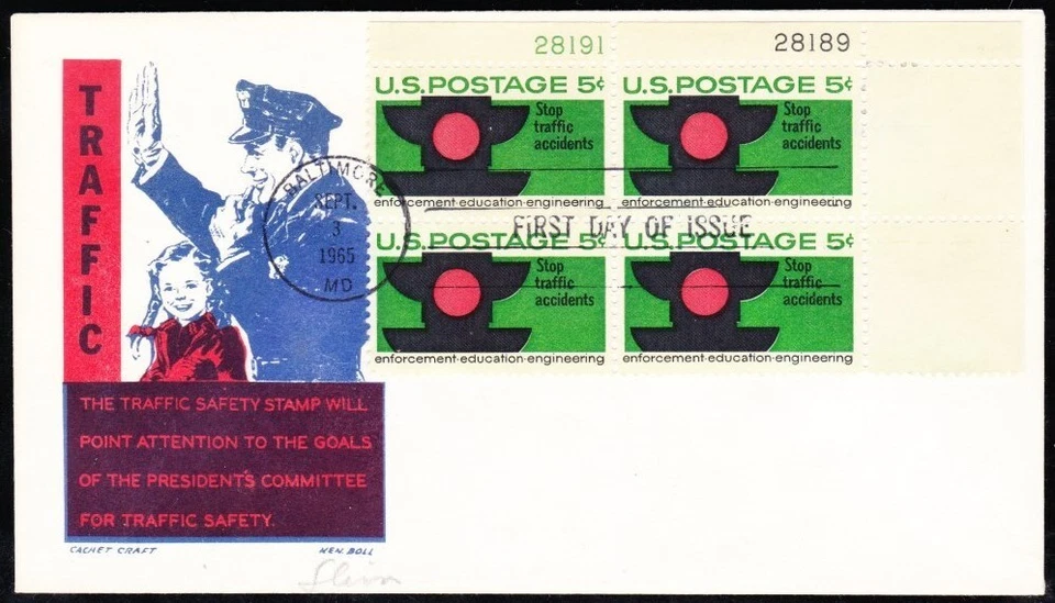 US 1965 Traffic Safety Plate Block  FDC (1272) . Ken Boll Cachet - Image 1 of 1