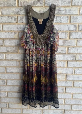 Vestido túnica de terciopelo de medianoche sin mangas multicolor adornado con cuello en V talla 1X Foto 1 de 4