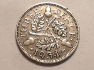 1934 NICE "GEO V" GREAT BRITAIN 50% SILVER 3 PENCE KM#831 LOW MINTAGE 7,406,000! - Picture 1 of 2