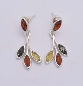 925 Solid Sterling Silver Multi Baltic Amber Stud Earring
