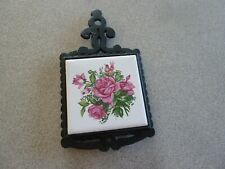 Vintage black wrought iron TRIVET with rose ceramic tile