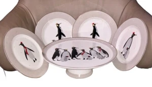 Portmeirion Sara Miller London Penguins soporte para pasteles con patas grises 4 platos de postre - Imagen 1 de 11