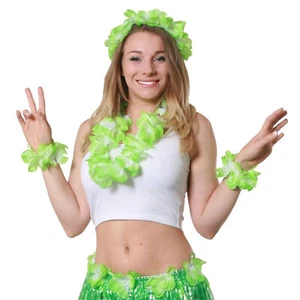 GREEN LEI HAWAIIAN GARLAND HULA 4 PIECE FLOWER HEADBAND, NECKLACE & WRISTBAND - Picture 1 of 7