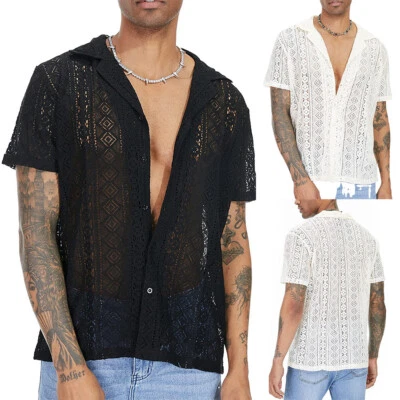 Mens Crochet Floral Lace short Sleeve Shirt See-Through Mesh Collared Top Party* - Image 1 of 4