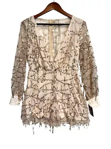 Gold Sequin Long-Sleeve Sheer Mini Romper Plunging Neckline Glam Fairy NWT Sz M - Picture 1 of 16
