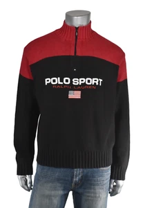 Vintage Ralph Lauren Polo Sport Black Red Cotton 1/2 Zip USA Flag Sweater New - Picture 1 of 3