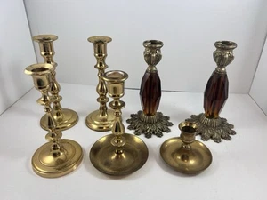 Vintage Brass Candlesticks Holders Lot 7 Various Heights 2 Amber Lucite - Picture 1 of 18