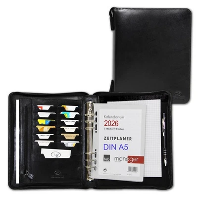 Leder 2026 Organizer A5 schwarz Ledermappe Terminplaner  Systemplaner Kalender - Bild 1 von 4