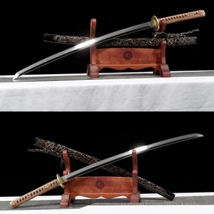 Smalto specchio temperato argilla giapponese fatto a mano Katana T10 con drago inciso sa - Foto 1 di 8