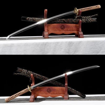 Katana japonesa hecha a mano T10 arcilla templado espejo pulido con dragón grabado Sa Foto 1 de 4