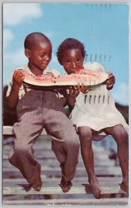 Children Eating Watermelon Portrait Vintage Postcard - Picture 1 of 2