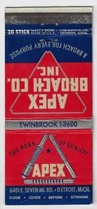 Vintage Matchbook Cover FS 30S Matchcover Apex Broach Co Inc Detroit Mich. . - Picture 1 of 3