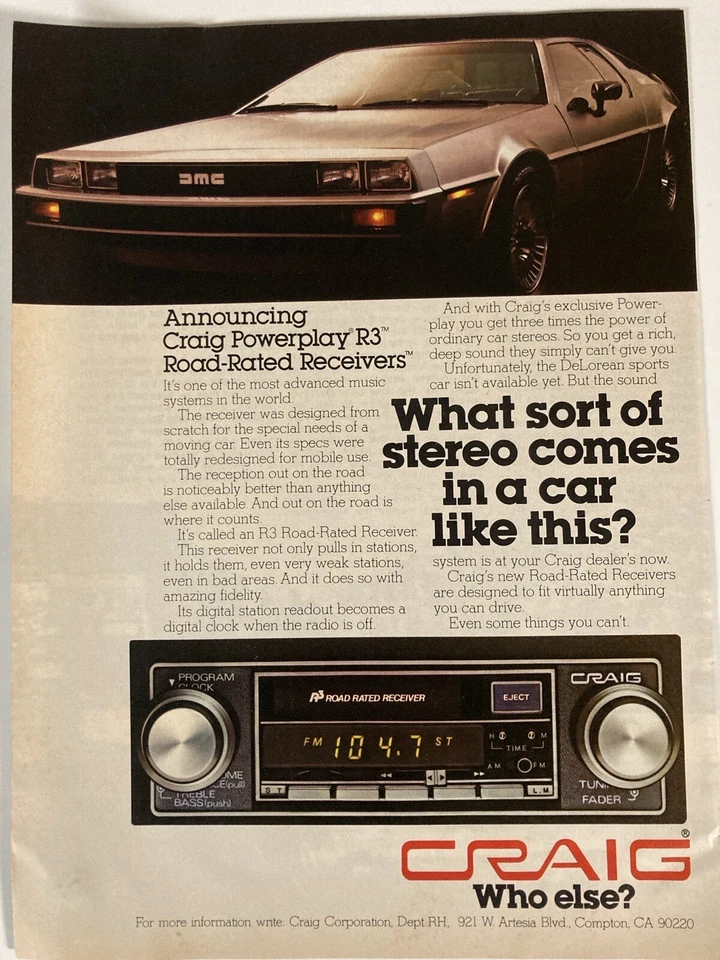 Craig R3 1978 receptor de radio anuncio impreso coche deportivo DeLorean Foto 1 de 2