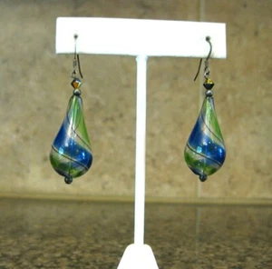 NICE Artisan Blown Glass Dangle Pierced Earrings / Blue & Green Diagonal Swirls  - Picture 1 of 6