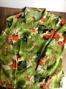 Pykettes Womens Top Large Green Orange Long Sleeve Button Front Poly VTG Vintage - Picture 1 of 10