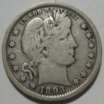 = 1893 FINE/VF BARBER Quarter, Nice Details, FREE Shipping - Image 1 of 2