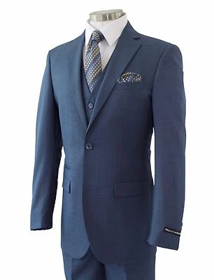 Men's Medium Blue Sharkskin 3pc 2 Button Slim-Fit Suit w/ Matching Vest NEW  - Image 1 of 4