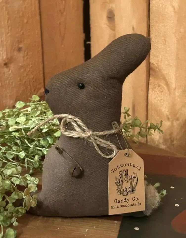 Primitive Plush Chocolate Bunny Spring decor shelf sitter, Cottontail tag Easter - Image 1 of 1