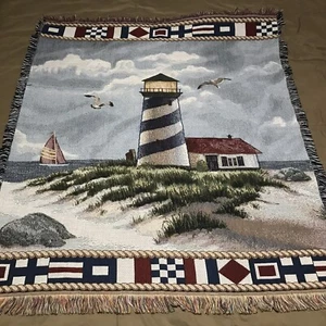 Mohawk Nautical Lighthouse Sailboat Seagulls Beach Tapestry Woven Throw Blanket - Picture 1 of 13