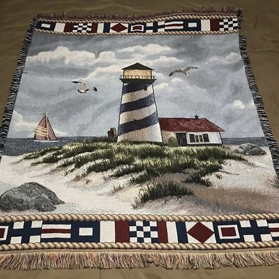 Mohawk Nautical Lighthouse Sailboat Seagulls Beach Tapestry Woven Throw Blanket - Image 1 of 4