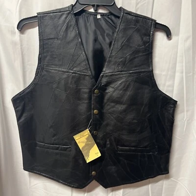Hunters Ridge Genuine Leather Vest Black Large pockets patchwork lined Snap READ - Image 1 of 4