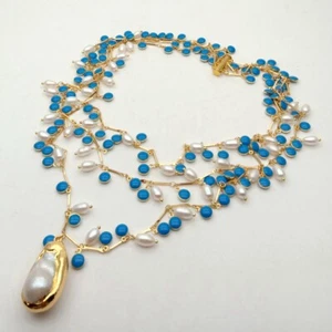 3 Strands 19'' White Rice Pearl Blue Enamel Chain Necklace Keshi Pearl Pendant - Picture 1 of 8