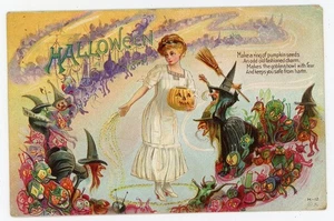 Halloween Nash Lady Green Witches Antique Postcard - Picture 1 of 2