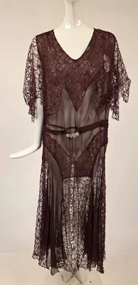ELEGANT 1920’S LONG SILK CHIFFON + SILK LACE DRESS W DRAPED CAPE TOP + BUCKLE - Image 1 of 4