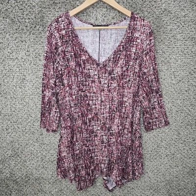 Top rosa y oliva para mujer Plus 2X túnica elástica estampada con cuello en V púrpura informal Foto 1 de 4