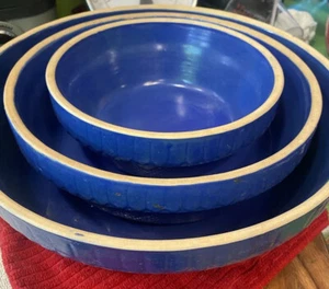 SET/3 1900’s SALT GLAZE Stoneware Nesting BOWLS Old Glory BLUE ANTIQUE HTF - Picture 1 of 24