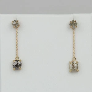Unique 14k Yellow Gold, Octahedron Salt/Pepper Diamond Dangle Stud Earrings - Picture 1 of 2