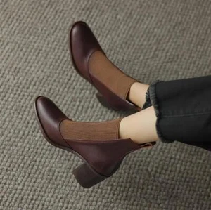 Women Winter Block Heel Knitted Ankle Boot Pull On Chelsea Boot Office High Heel - Picture 1 of 7