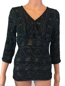 American Attitudes Small Black V-Neck Long Sleeve Sheer Sweater w/ Tinsel Thread - Picture 1 of 8