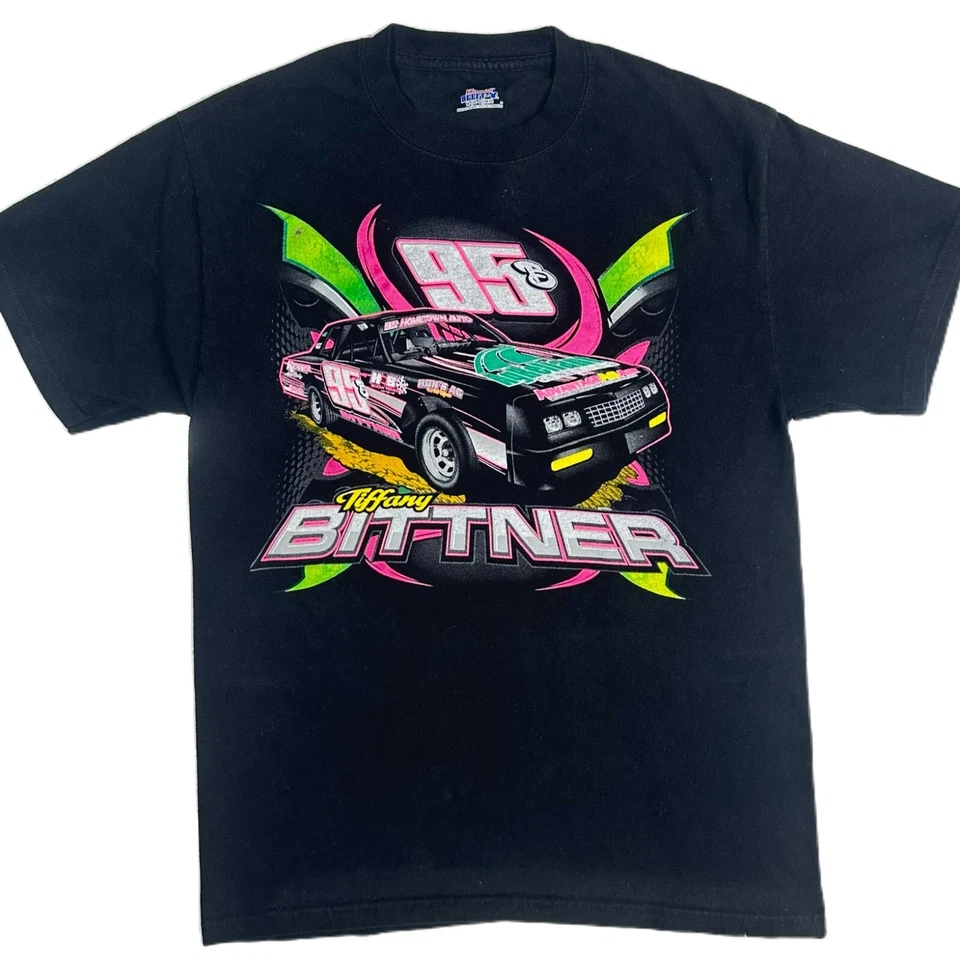 复古 IMCA Stock Car 女式 M 黑色双面霓虹图案赛车衬衫 — 第 1/4 张图片