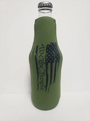 WE THE PEOPLE AMERICAN FLAG Neoprene Zipper Beer Bottle Coolie with Full Bottom