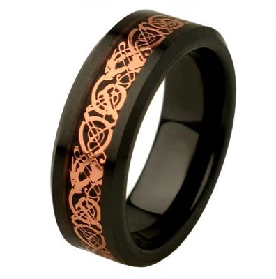 8MM Rose Gold Celtic Dragon Tungsten Carbide Mens Black Ring Wedding Band M60 — 第 1/3 张图片